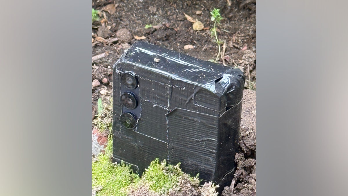 Hidden phone buried beneath dirt in Queens, New York, yard with cameras sticking out.