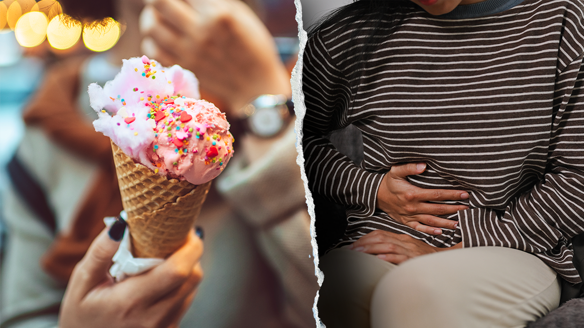 Ice cream cone next to person holding gut split