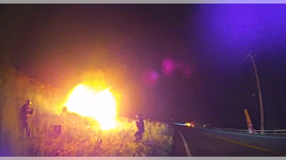 Screenshot of crash footage showing a vehicle engulfed in flames