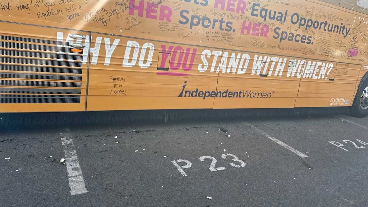 Independent Women's Forum bus with eggshells after alleged vandalism.