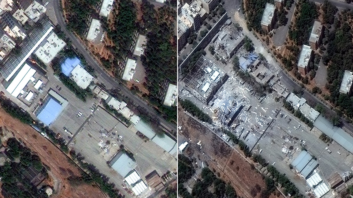 Before and after satellite view of Tehran buildings damaged in June 2025 U.S. airstrikes