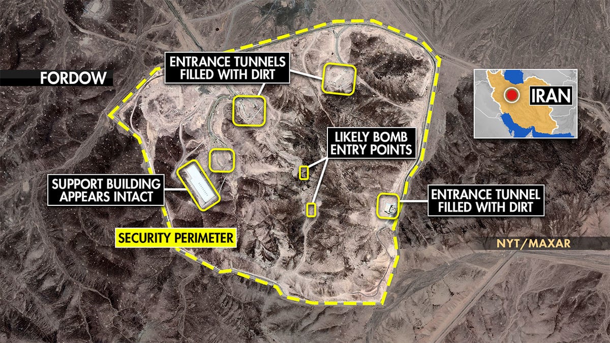 The map shows that it is causing damage to the nuclear scene in Fordou, Iran after being attacked by the US in Operation Midnight Hammer.