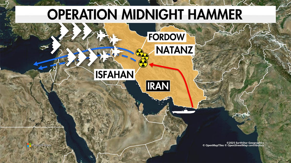 The map shows the targets hit by the American B2 Stealth America during the Midnight Hammer.