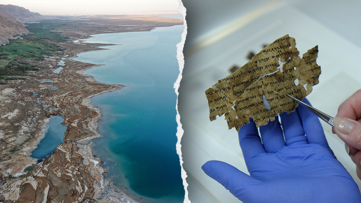 Split image of dead sea, scrolls