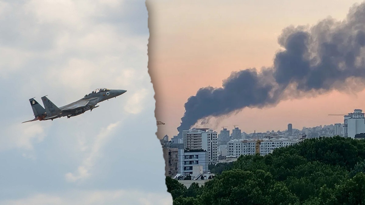 (L)Israeli jet taking off on way to Tehran| IDF. Smoke rises in the distance near Tehran following an Israeli air force attack| AP