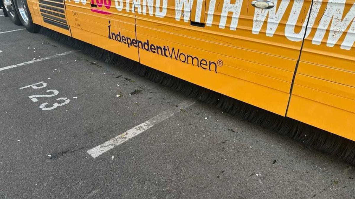 Independent Women's Forum bus with eggshells after alleged vandalism.