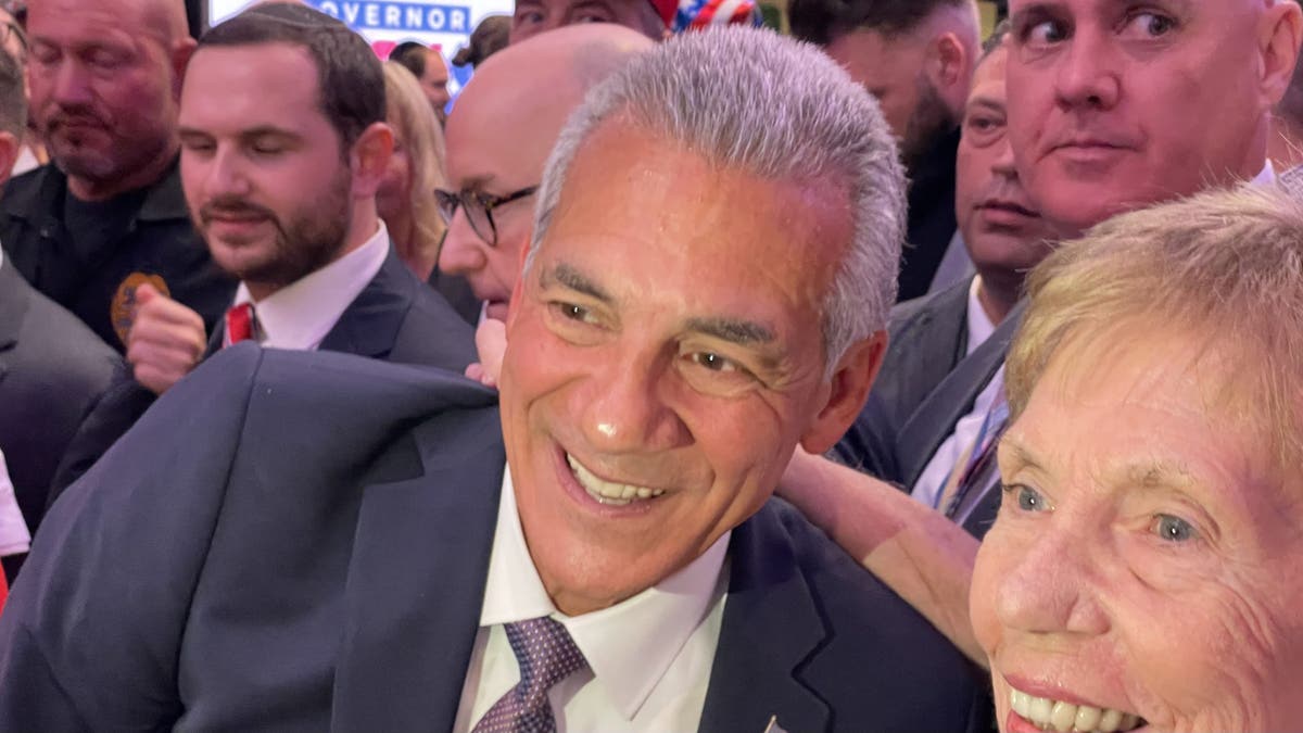 Republican Jack Ciattarelli celebrates with supporters after winning the New Jersey GOP gubernatorial nomination, on primary night, June 10, 2025, in Holmdel, N.J.?