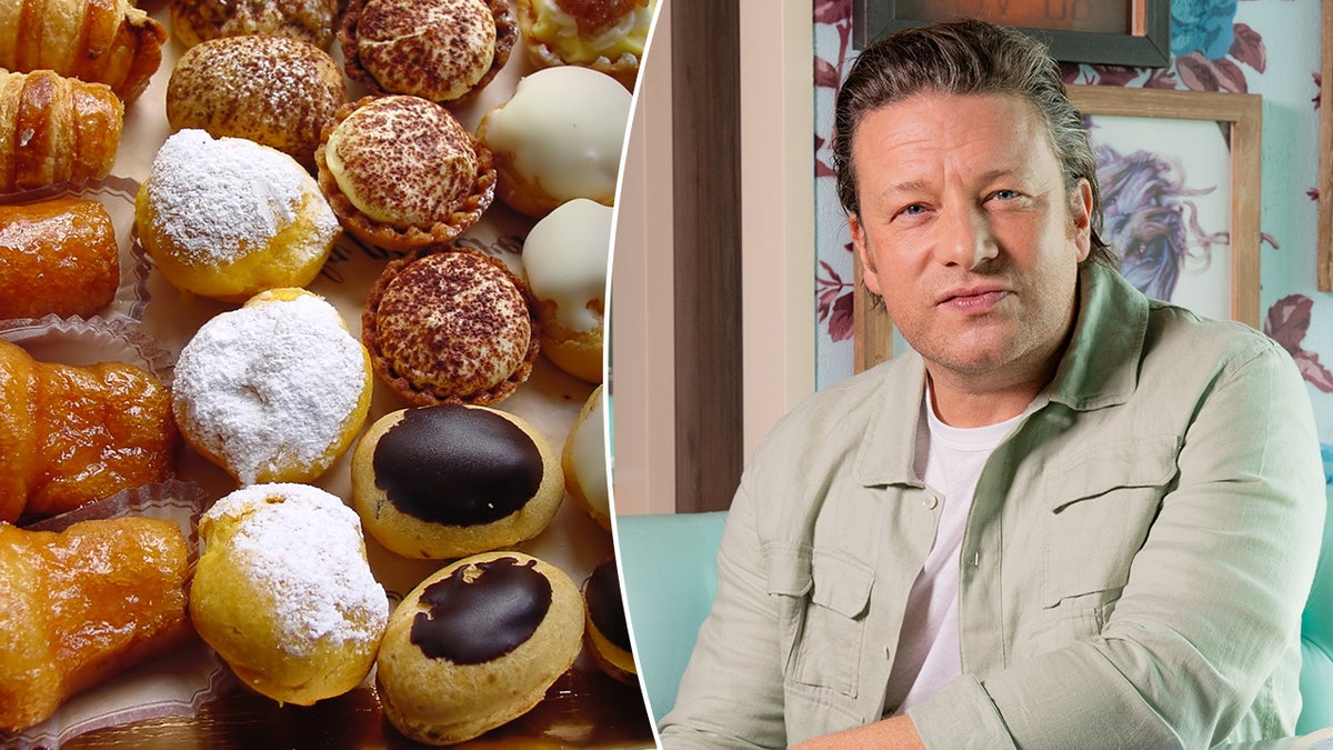 Side by side split of pastries and Jamie Oliver