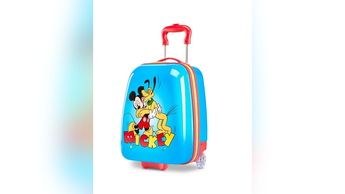 This American Tourister suitcase features fun, colorful Disney designs and a durable hard shell.