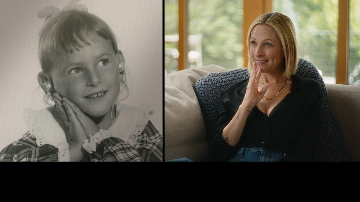 A split side-by-side image of Marlee Matlin as a child and today.