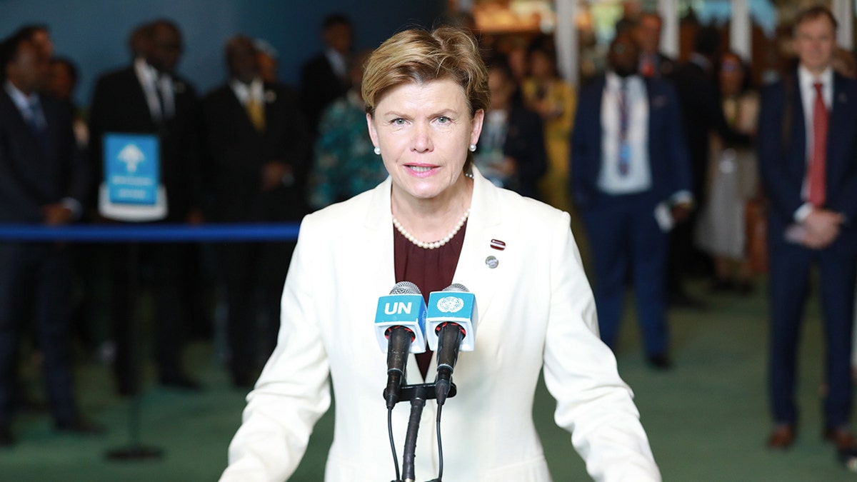 Latvian Foreign Minister Baiba Braze speaks after Latvia is voted onto the U.N. Security Council