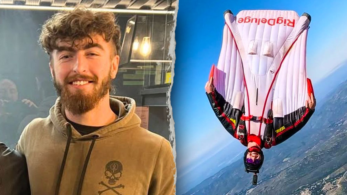 Wingsuit diver Liam Byrne smiles in action in collage