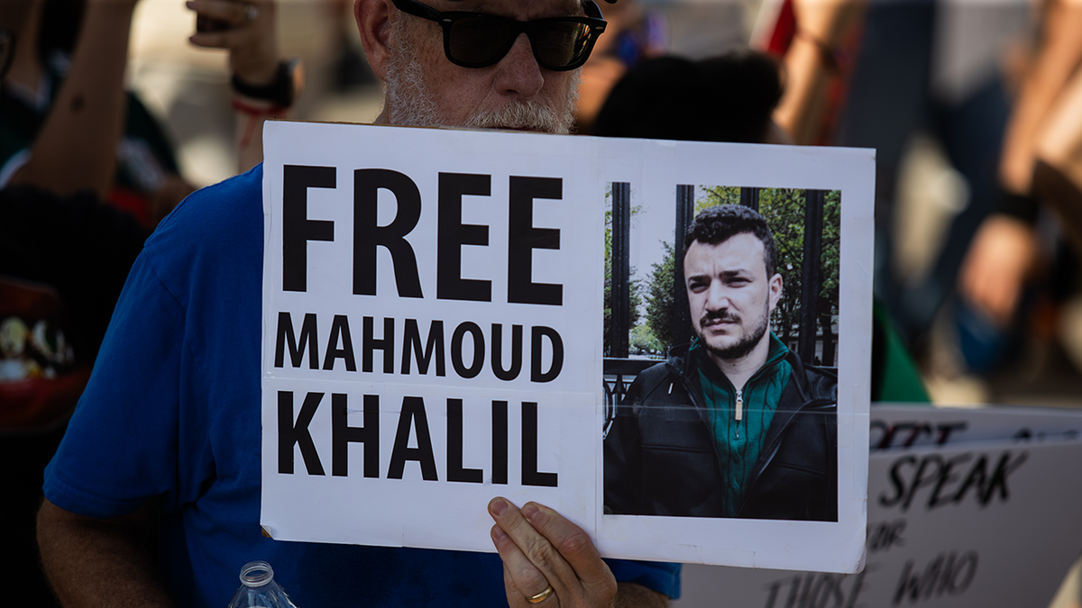 A protester holds a sign that reads, ''Free Mahmoud Khalil.''