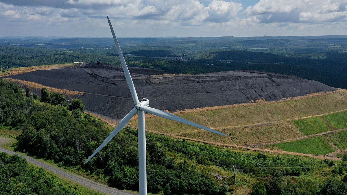Aerial wind turbine view in Maryland