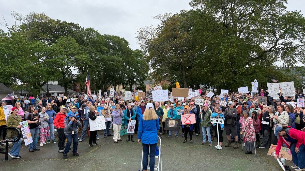 maura-sullivan-no-kings-rally-portsmouth-june-14-2025 Os republicanos do NH bate a foto do democrata com o controverso signo '86 47 '
