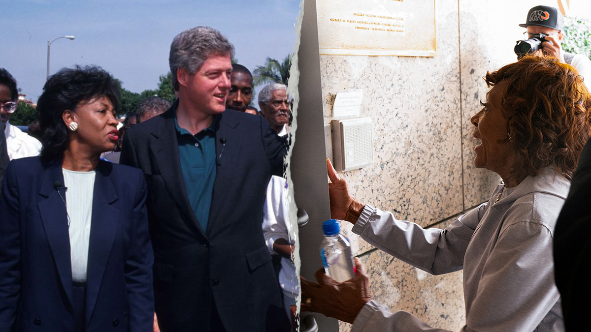 Maxine Waters walks with Bill Clinton in 1992 and Maxine Waters at site split image