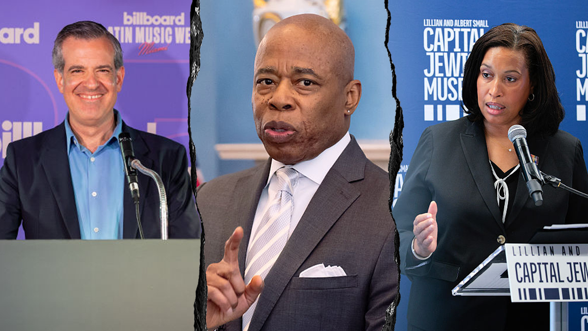 Composite image showing three mayors separated by torn graphic dividers: left, Miami Beach Mayor Steven Meiner smiling at a podium with a "Billboard Latin Music Week" backdrop; center, New York City Mayor Eric Adams gesturing while speaking; right, Washington, D.C. Mayor Muriel Bowser speaking at a podium in front of a "Capital Jewish Museum" backdrop.