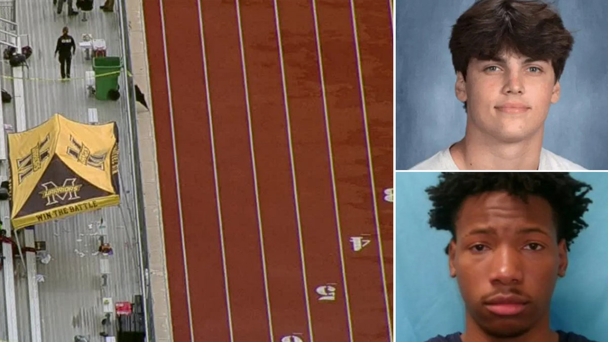 a split image of Austin Metcalf, karmelo anthony and the track Kuykendall Stadium in Frisco, Texas