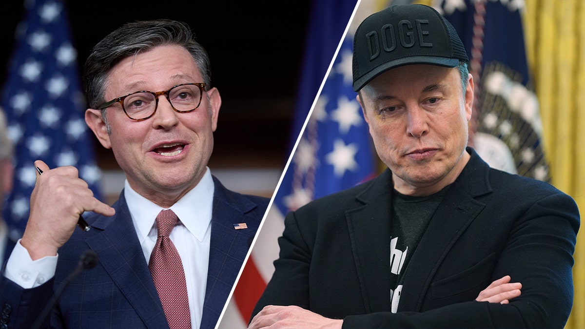 House Speaker Mike Johnson speaking and Elon Musk wearing a black DOGE hat split image