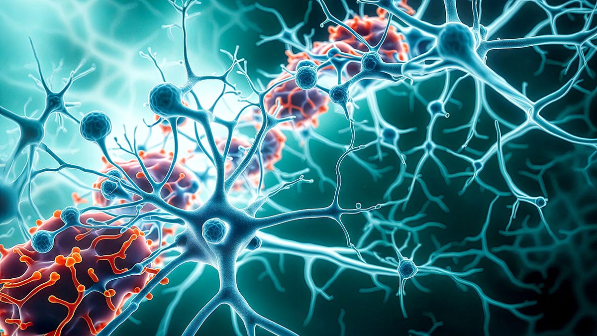 Neurons and microglies - 3D image made from the network of neurons cells on a black background. Microglial cells are the most important immune cells in the central nervous system (SNC). The hologram consults the cells of interconnected neurons with electrical impulses. Conceptual medical image. Brilliant synapse. Concept of health care.