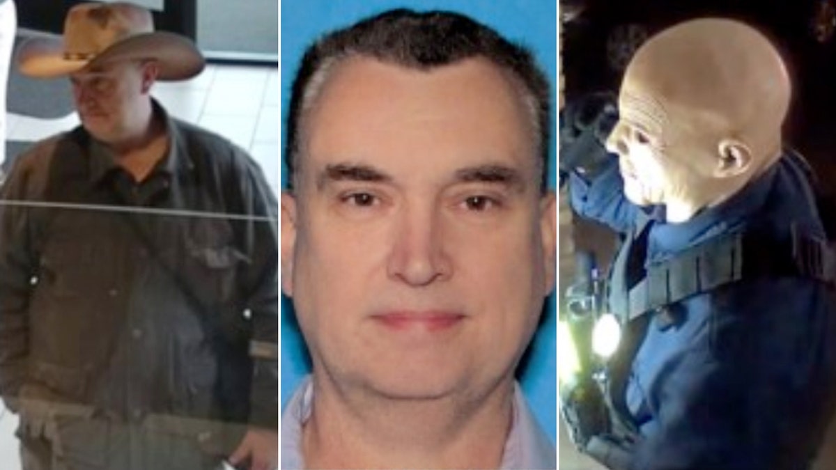 3 photos of Vance L. Boelter in a cowboy hat, an older driver's license photo and the masked gunman