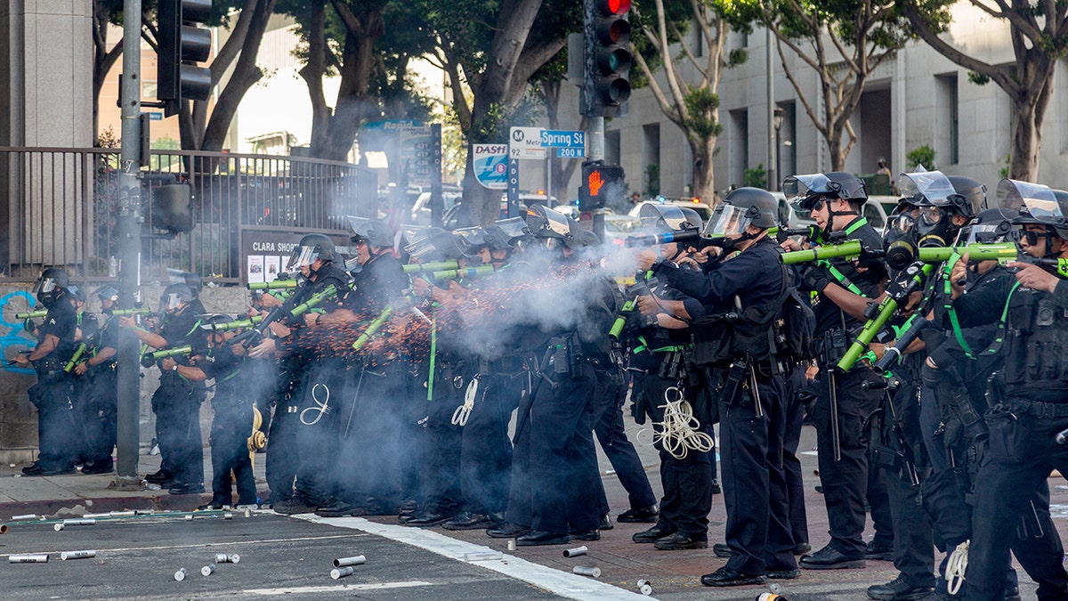 Law enforcement astatine  the Anti-ICE riots successful  Los Angeles.