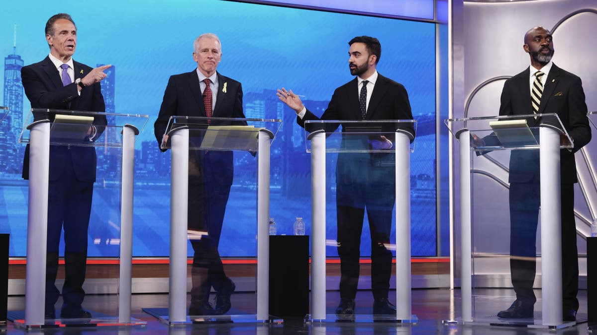 Democratic mayoral candidates Andrew Cuomo, far left, and Zohran Mamdani, second from right, present arguments as Whitney Tilson, second from left, and Michael Blake look on during a Democratic mayoral primary debate, Wednesday, June 4, 2025, in New York. (AP Photo/Yuki Iwamura, Pool)