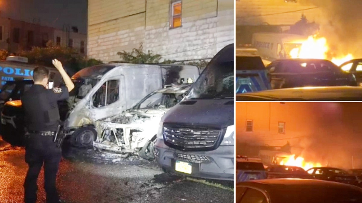 Police vehicles burned and on fire