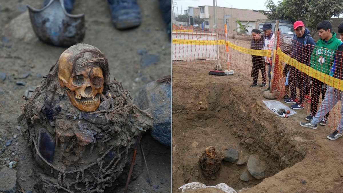 Split image of female mummy, people observe it