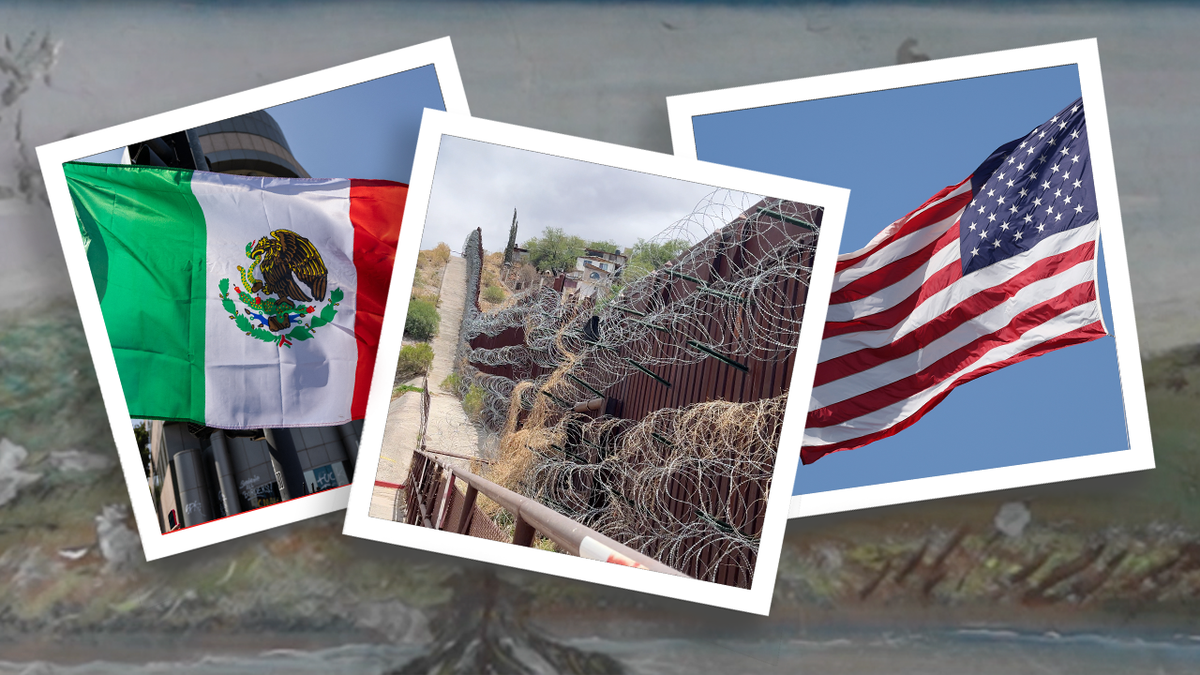 three mode divided of Mexico flag, representation of the borderline and USA emblem (left to right)