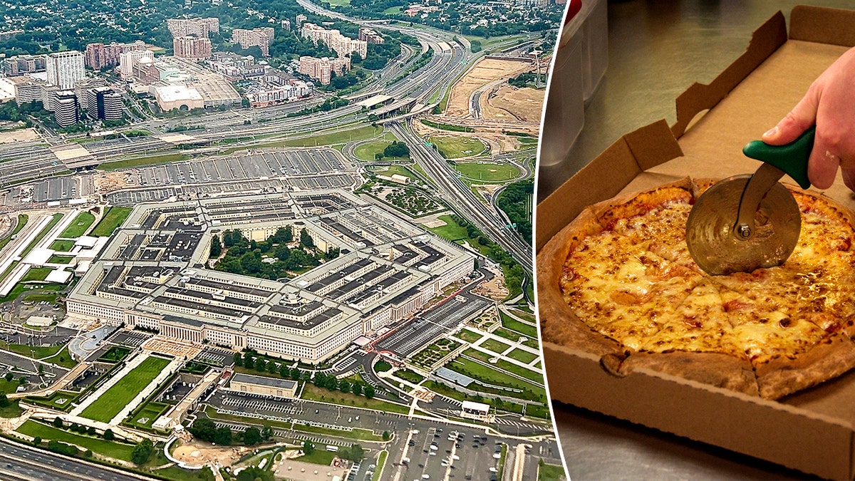 A view of the Pentagon, left, and a hand cutting slices of pizza from a box.