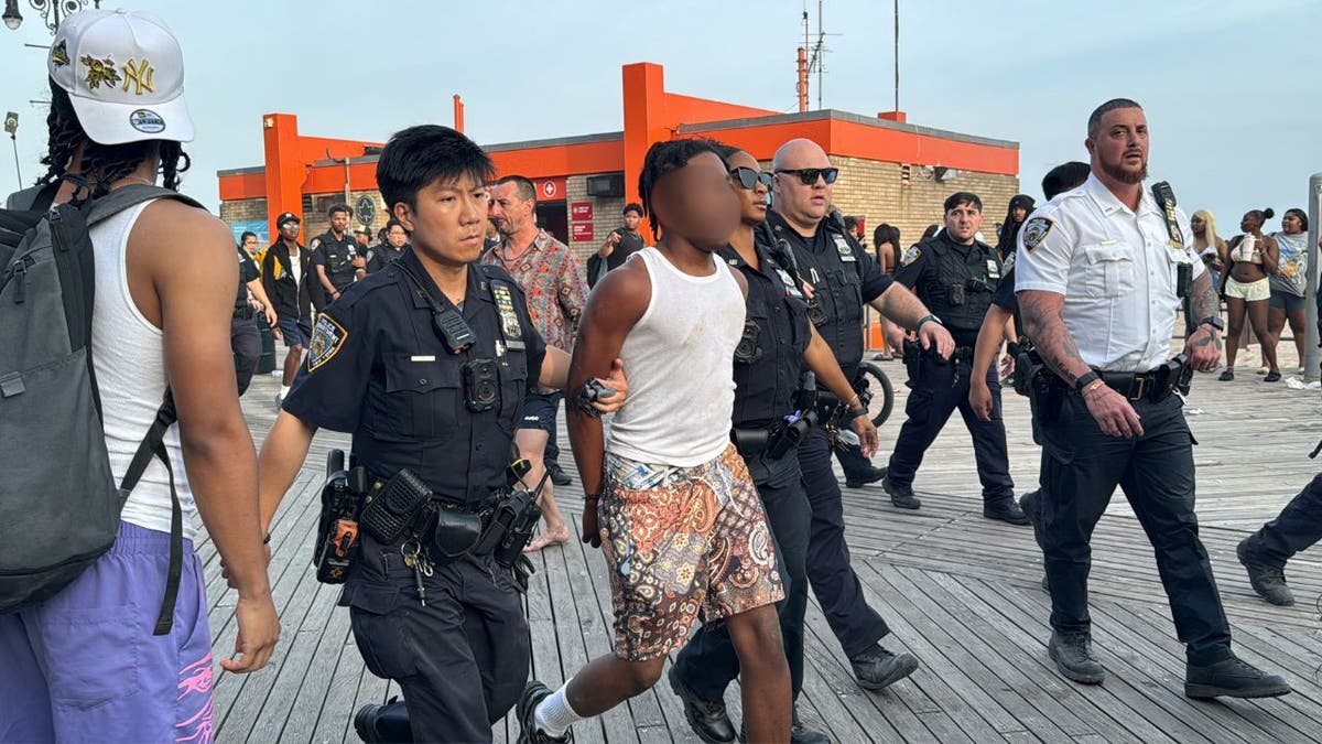 A man is arrested and led away by police following a brawl in Coney Island.