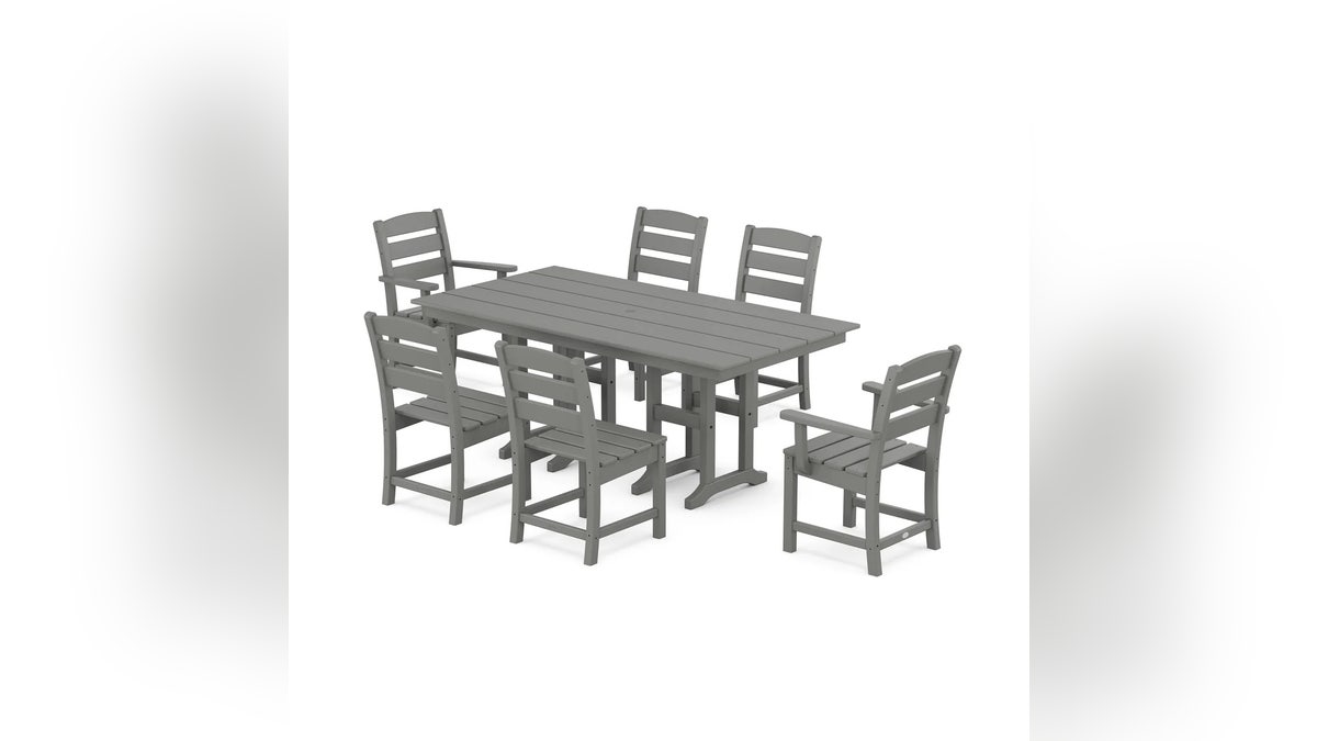 This dining set is generously sized and resistant to cracking, splitting and rot.