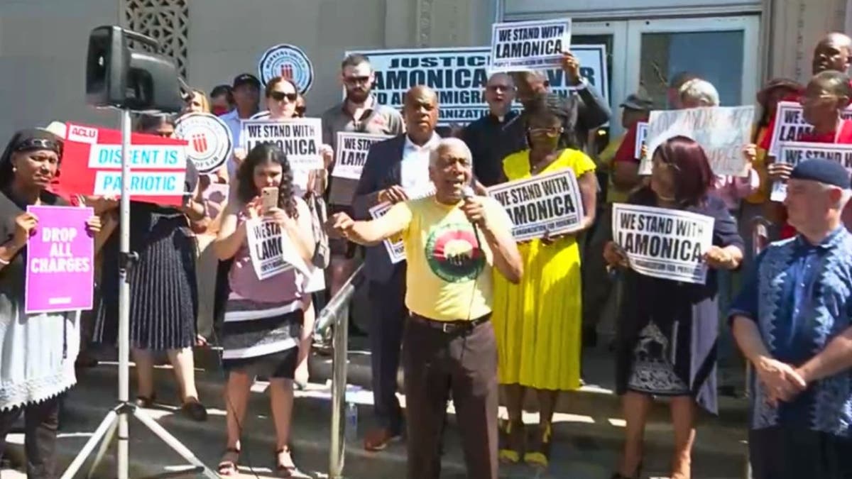 A group of demonstrators rallying outside a New Jersey courthouse ahead of Congresswoman LaMonica McIver's court appearance today.