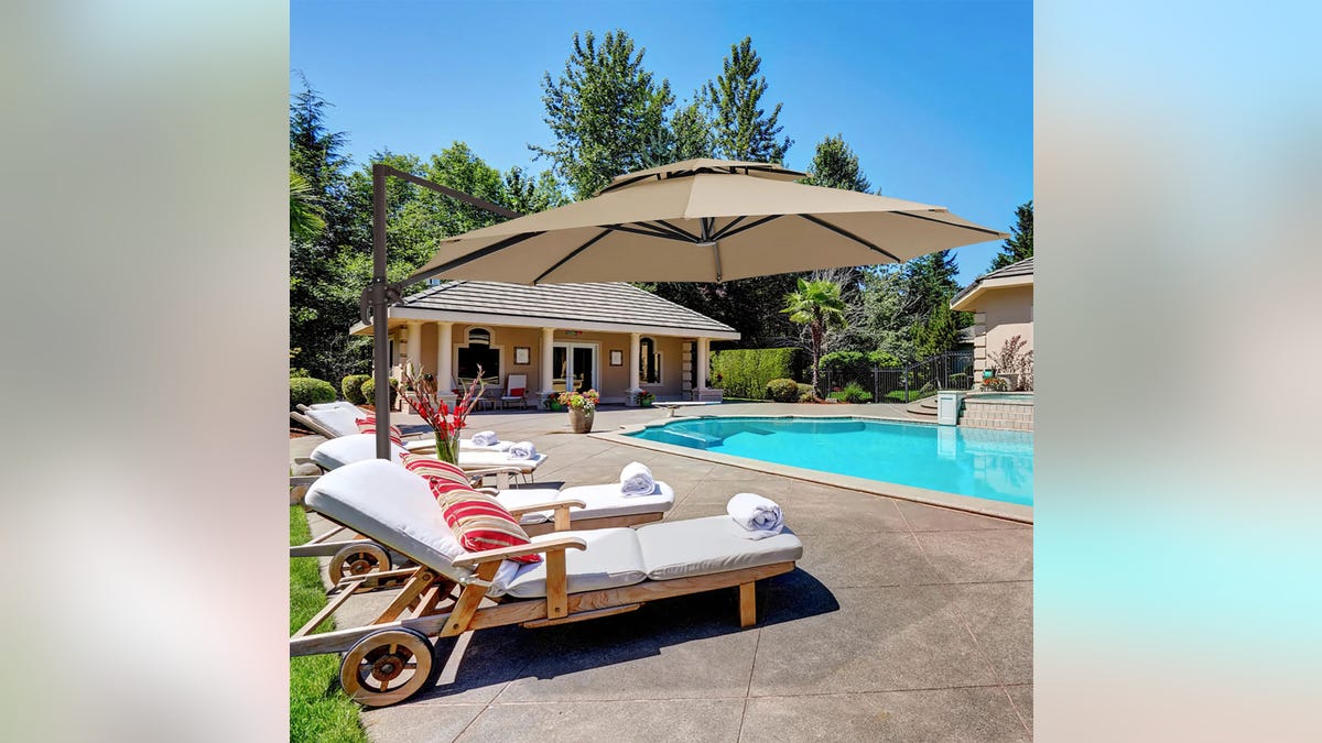 Get protection from the sun with this large umbrella.