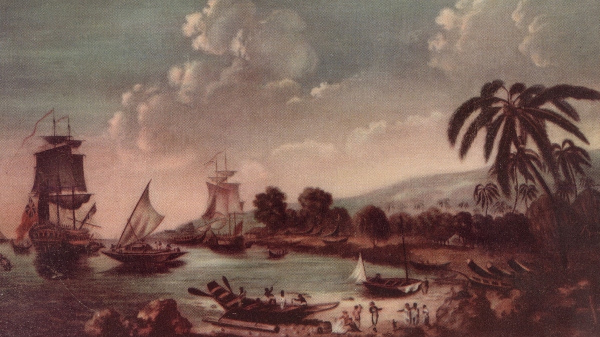 Oil painting of HMS Endeavour in Australian harbor