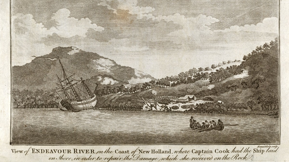 Contemporary engraving of HMS Endeavour in Australian harbor