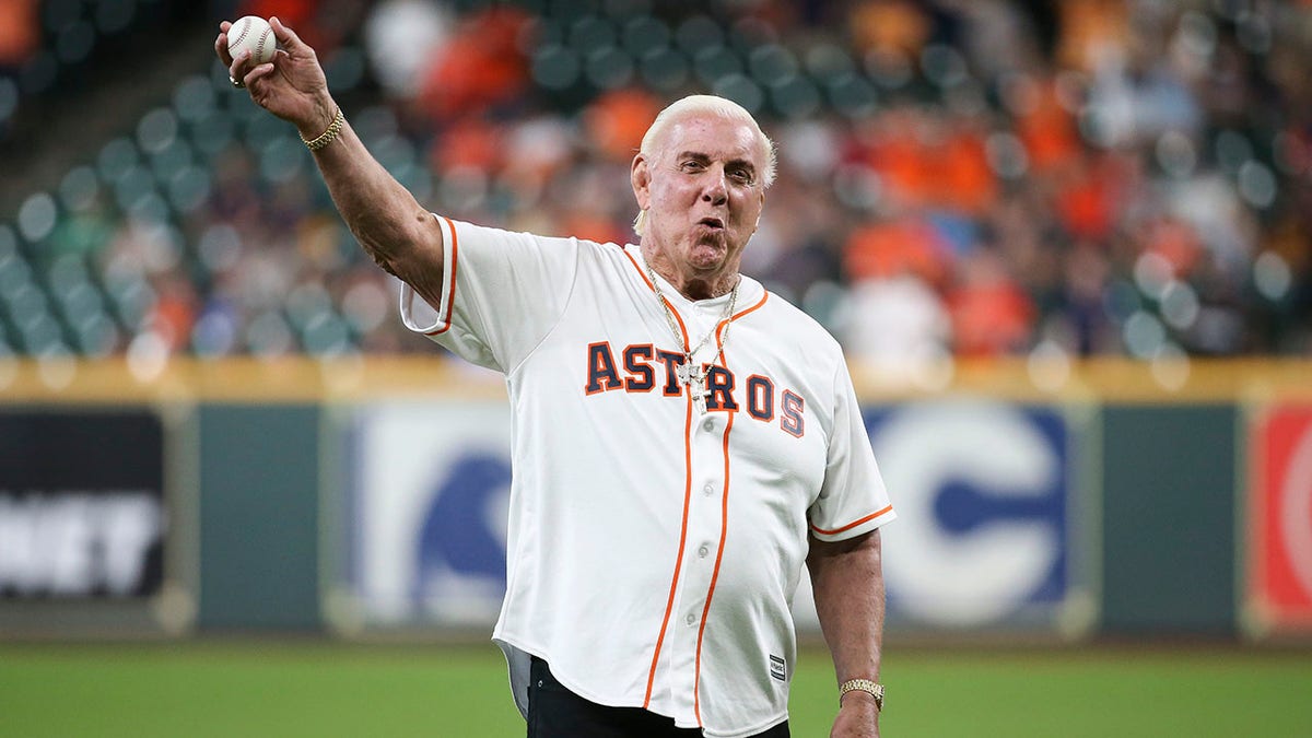 Ric Flair prepares to throw out a ceremonial first pitch