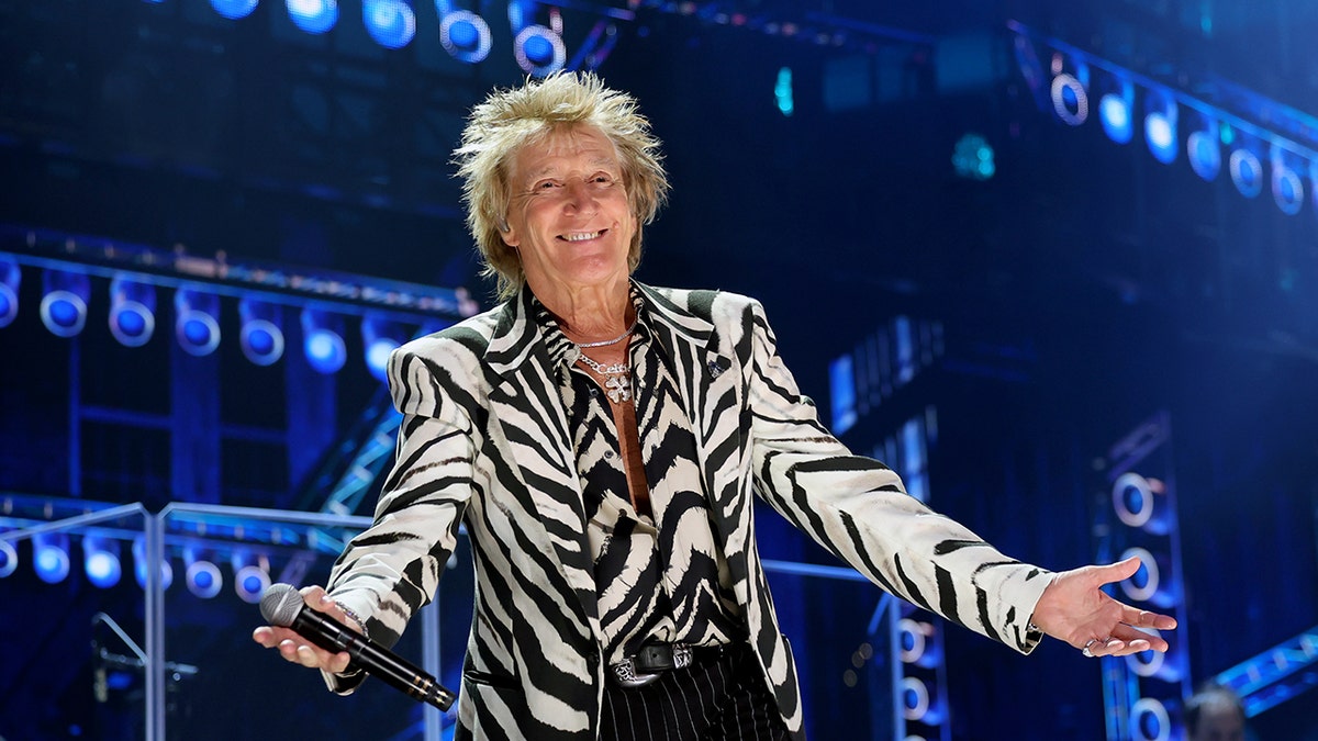 Rod Stewart no palco na impressão de um burro brutal