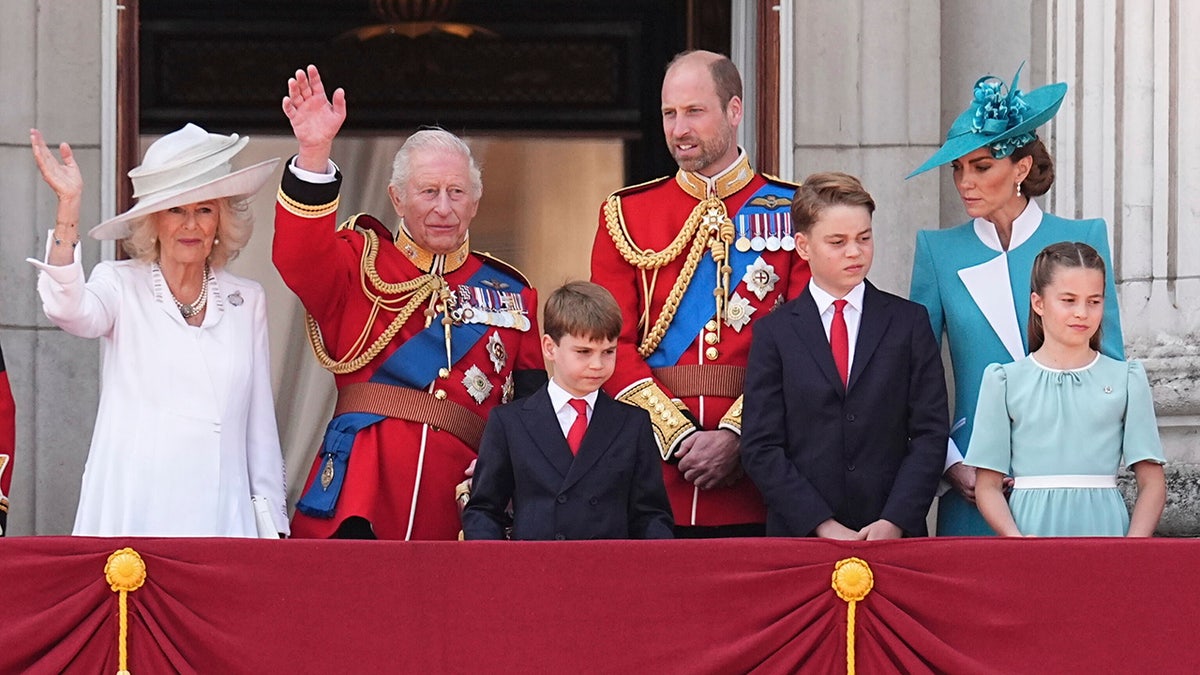 Queen Camilla, King Charles, Prince William, Kate Middleton and their children at Trooping the Colour