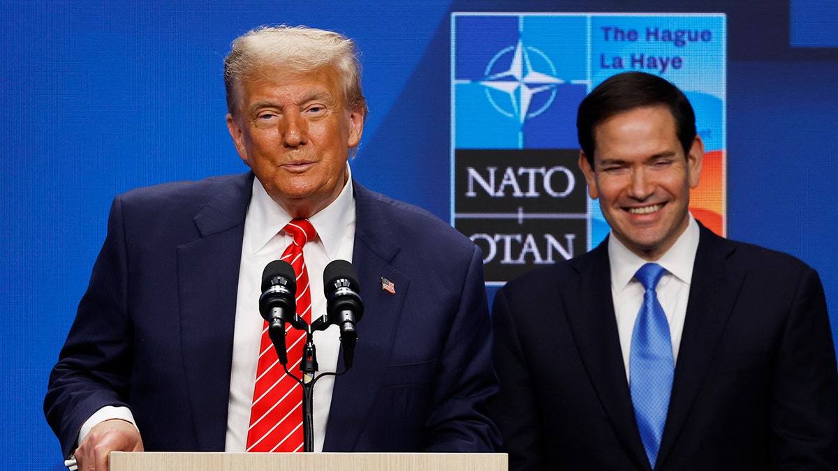 Rubio smiles while Trump answers NATO press conference question