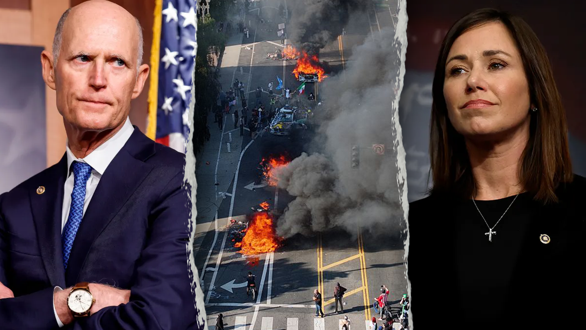 Sens. Scott, Britt on left, right; center: car on fire in LA street