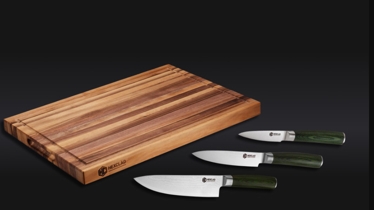 This bundle features three of HexClad's super-sharp Japanese Damascus steel knives.