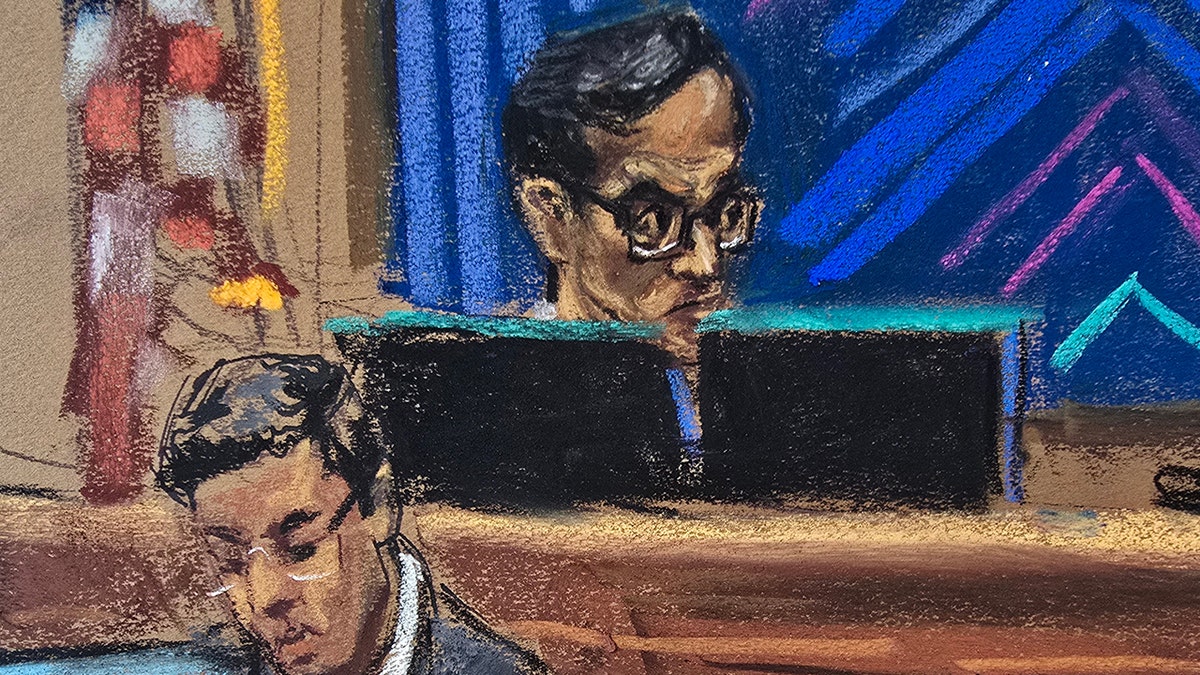 A sketch showing Judge Arun Subramanian in court during the P. Diddy trial.