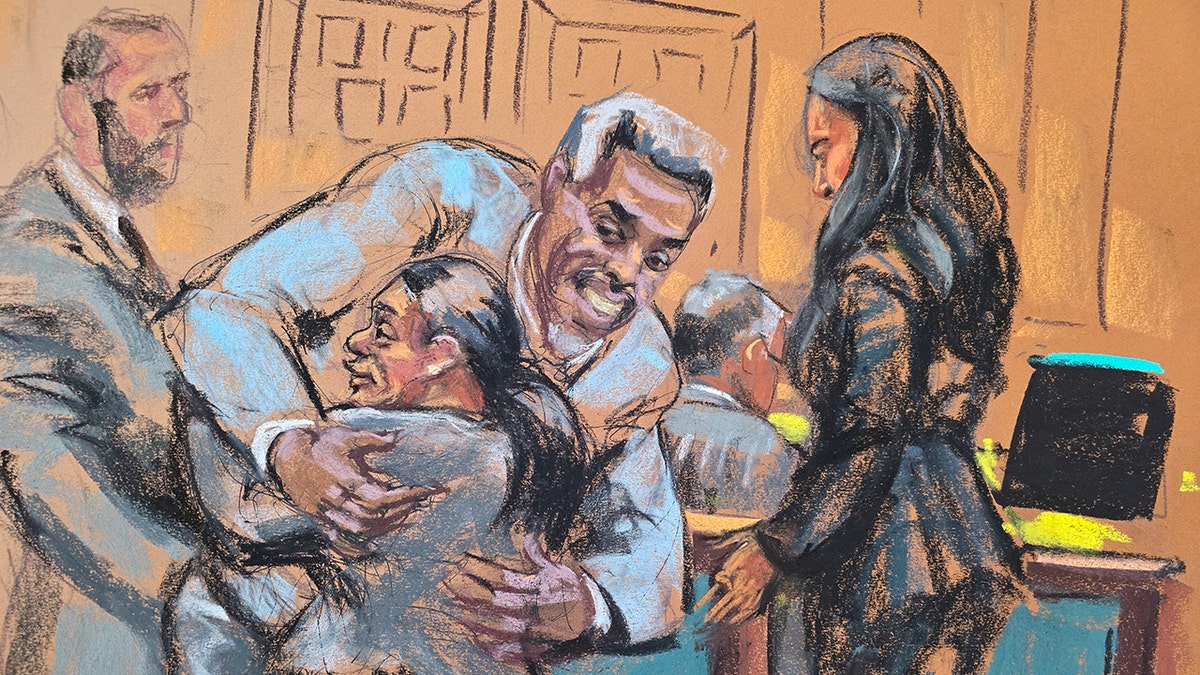 A sketch shows P. Diddy and his lawyer embracing during the trial.