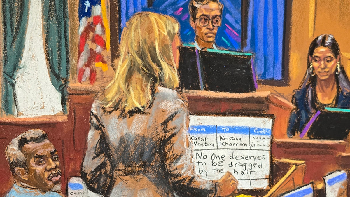 A sketch of P. Diddy, the judge, lawyer and witness in court during the trail.