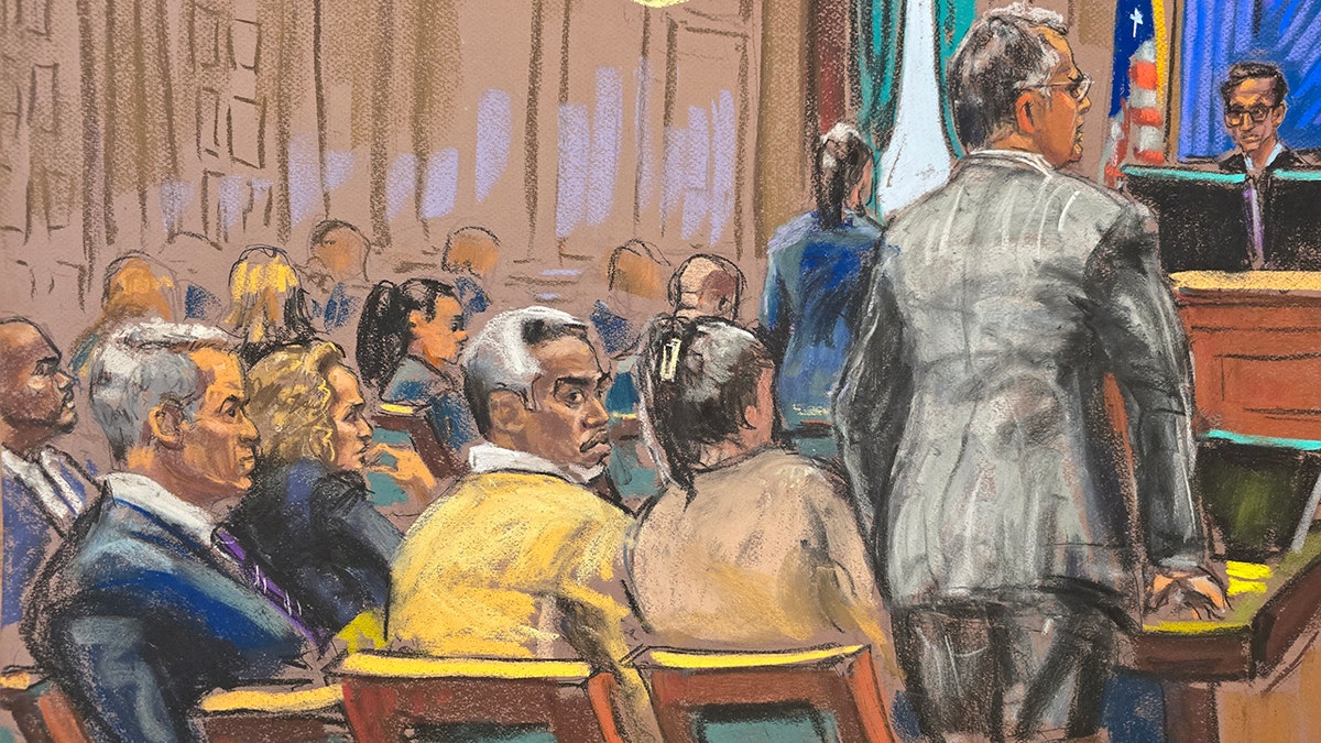 A sketch of P. Diddy in court seated before the Judge.