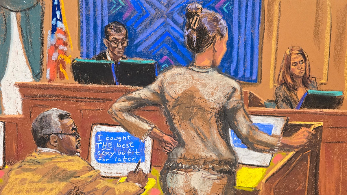 A sketch of witness DeLeassa Penland on the stand during the P. Diddy trial.