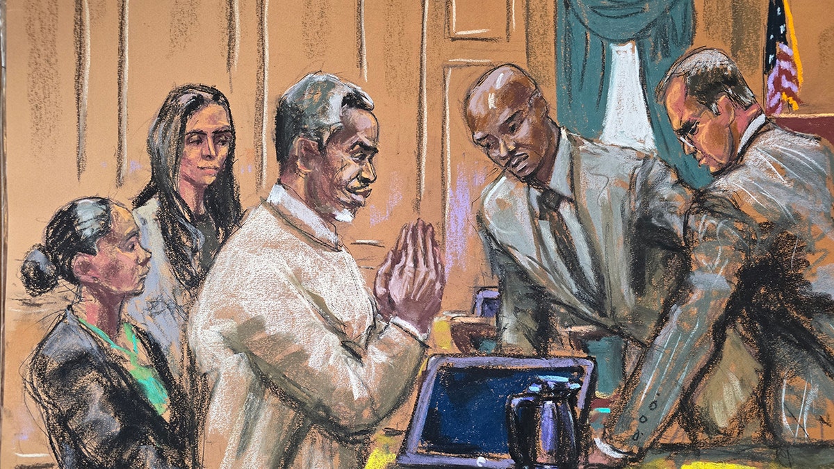 A sketch of Diddy in court with his lawyers.