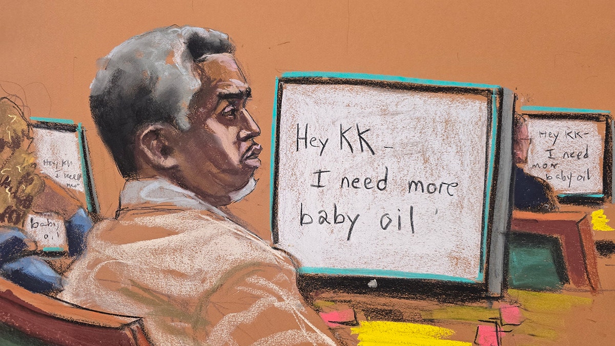 A sketch of P. Diddy reading text messages in court
